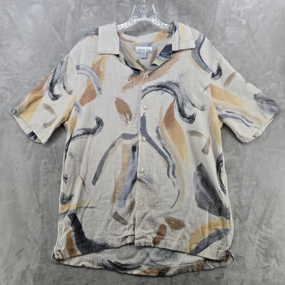 Jason Wu Mens Medium Button Down Shirt Tan Abstract Linen Blend Camp Collar